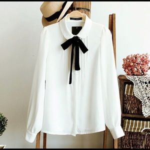 Elegant Bow Tie White Blouses Chiffon Peter Pan